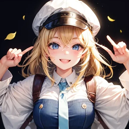 girl with light blonde hair in a cap smiling