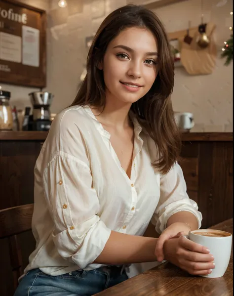 a beautiful european girl with brown eyes and brunette hair, wearing a pale yellow blouse, blue jeans, sitting in a busy coffee ...