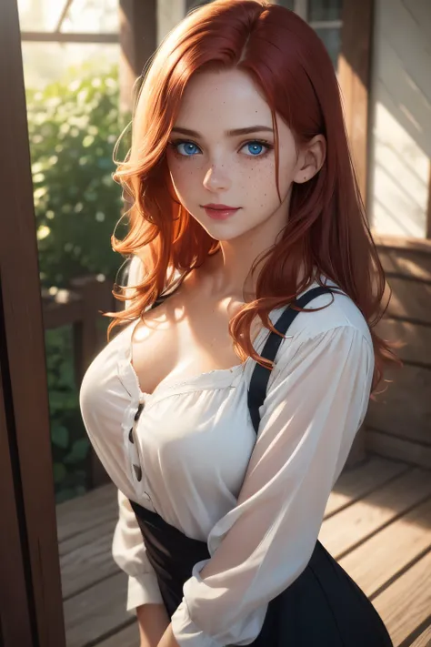 red-haired woman (soaked 1,2), freckles, under a porch, thin white blouse, visible nipple relief, slate atmosphere, cinematic, (realistic, photo-realistic:1.4),(8k, RAW photo, best quality, masterpiece:1.2), cute, ultra-detailed,heart-shaped pupils, physic...