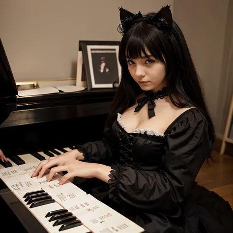 gothic lolita cat playing the piano with sheet music in the background