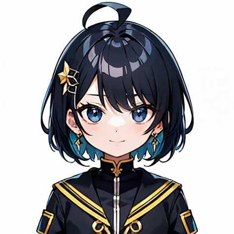 超High Resolution, Better aesthetics, The image of the foot is of the highest quality, Put on your jacket,  Black and blue hair on the back, Flat avatar,  Anime Cute Girls Visuals, cute art style, chibi,  short-hair, ahoge,  Shy, ssmile, hair ornaments,rely...