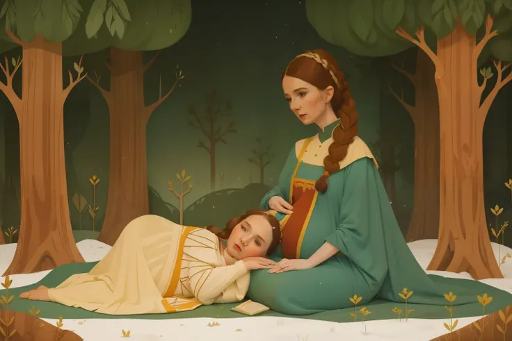 1136, England. scene with an otherworldly forest, ((((35-year-old)) woman)), giving birth, in labor, winter, ((((poor tunic from the 12th century)))), ((Hairstyle of the 12th century)), ((Wes Anderson cinematic style)), colorful