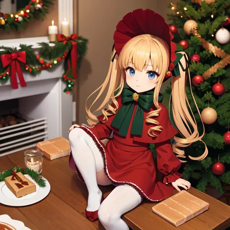 best quality, masterpiece, solo tiny chibi Shinku, original outfit, bonnet, red dress,white pantyhosecup, is sitting on table, looking to viewer, (cinnamon on table:1.3), (close-up:0.8), christmas tree on background, (christmas atmosphere), intricate angle...