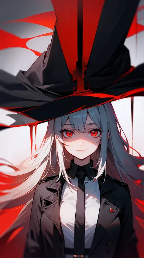 Sunshine horror mirror dark long hair long hand eye red Evil smile without a nose of a girl in a torn black trench coat