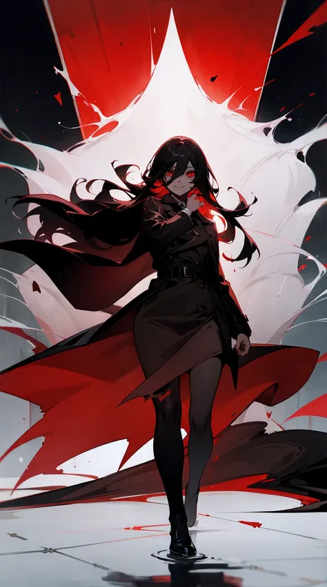 Sunshine horror mirror dark long hair long hand eye red Evil smile without a nose of a girl in a torn black trench coat