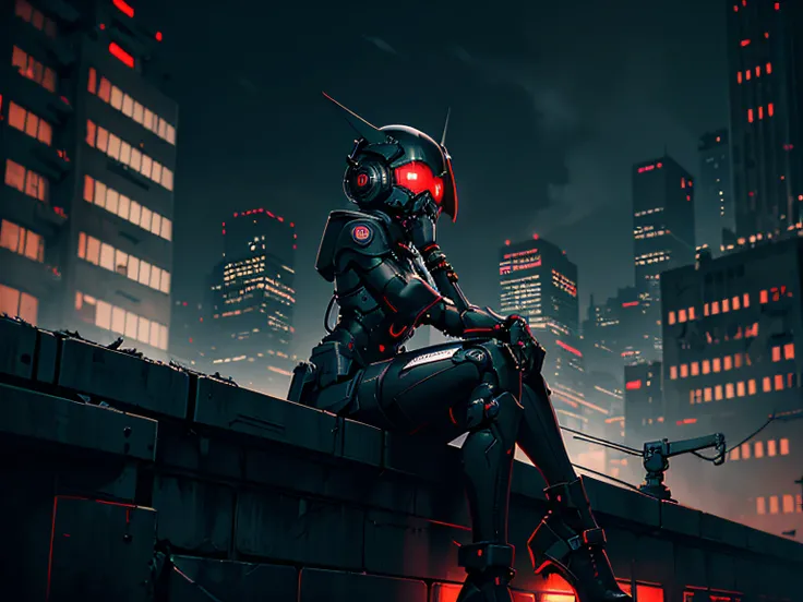 gloomy futuristic atmosphere, Dark cyberpunk, side glance, ((gloomy mechanized girl)), mid length hair, gray hair, mechanical helmet with pointed ears, red eyes, mechanical bracelets, sitting on the parapet, brick parapet, Cold lighting, on roof, Hopeless ...