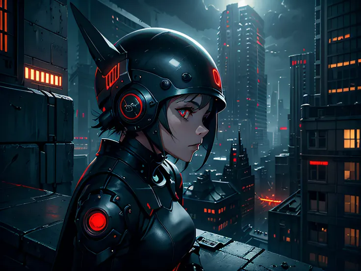 gloomy futuristic atmosphere, Dark cyberpunk, side glance, ((gloomy mechanized girl)), mid length hair, gray hair, mechanical helmet with pointed ears, red eyes, mechanical bracelets, sitting on the parapet, brick parapet, Cold lighting, on roof, Hopeless ...