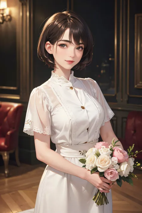 128
(a 20 yo woman, Standing), (A hyper-realistic), (high-level image quality), ((beautiful hairstyle 46)), ((short-hair:1.46)), (Gentle smile), (breasted:1.1), (lipsticks), (Large room), (Depth of field is deep), (Painterly)