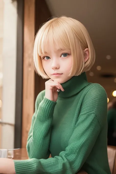 a very cute blonde 14yo girl wearing light pea green chest-hole-cut-out turtleneck, sitting in cafe posing for picture, bob-cut hair, raw photo