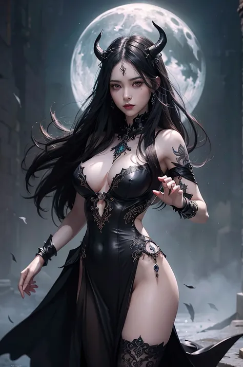 (gothic woman,goddess,sexy,beautiful,pale skin,long black hair,nude:tattooed,alluring expression,horns:demon wings:feathers,ethereal background,enchanted atmosphere,ornate jewelry,dark lipstick,piercing eyes,flowing gown,moonlit scene,hauntingly beautiful,...