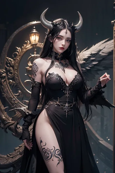 (gothic woman,goddess,sexy,beautiful,pale skin,long black hair,nude:tattooed,alluring expression,horns:demon wings:feathers,ethereal background,enchanted atmosphere,ornate jewelry,dark lipstick,piercing eyes,flowing gown,moonlit scene,hauntingly beautiful,...