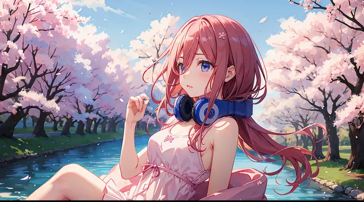 Miku Nakano pink background with right and left sakura trees and cherry blossoms falling down Miku Nakano floats in the middle is small is cute and has small breasts she is flattered lightly dressed