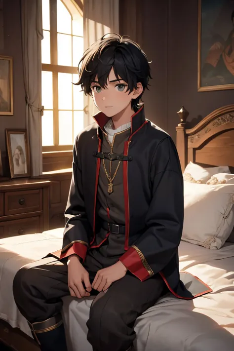 A boy, 16 years old, night clothes, medieval nobles, short messy, black hair, surprised, sitting on a medieval noble bed