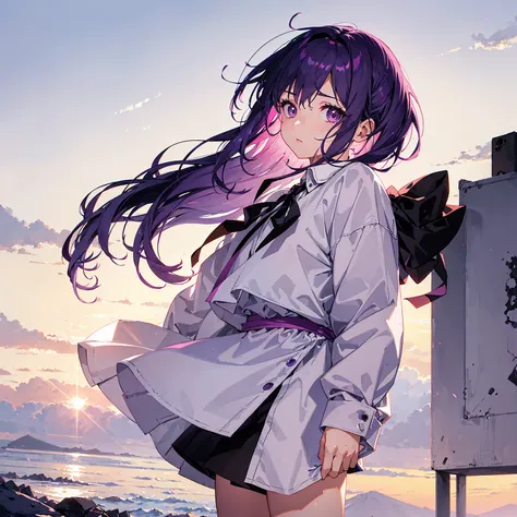 1 girl,short  purple hair,pink eyes,wearing a white shirt,black shorts,purple ribbon,turning to face viewer,solemn expression,winding blowing her hair,sunset background