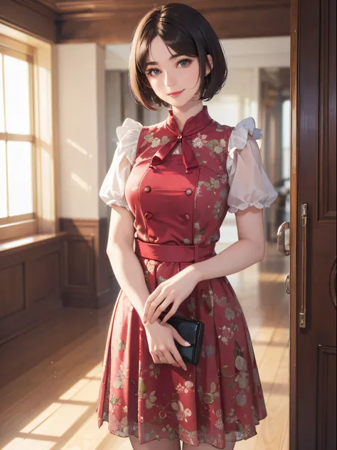 128
(a 20 yo woman, Standing), (A hyper-realistic), (high-level image quality), ((beautiful hairstyle 46)), ((short-hair:1.46)), (Gentle smile), (breasted:1.1), (lipsticks), (Large room), (Depth of field is deep), (Painterly)