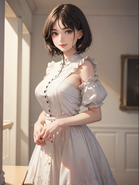 128
(a 20 yo woman, Standing), (A hyper-realistic), (high-level image quality), ((beautiful hairstyle 46)), ((short-hair:1.46)), (Gentle smile), (breasted:1.1), (lipsticks), (Large room), (Depth of field is deep), (Painterly)