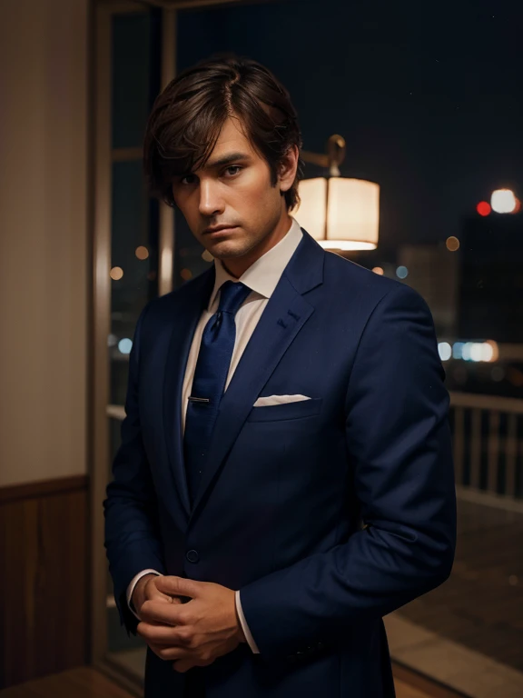 Guy with short messy brown hair and bangs in a midnight blue royal suit. He has a worried look on his face.