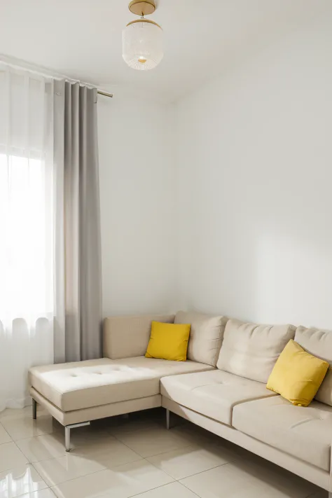 crie um ambiente interno, de uma casa bem iluminada, janelas de blindex, paredes na cor cinza, white sofa