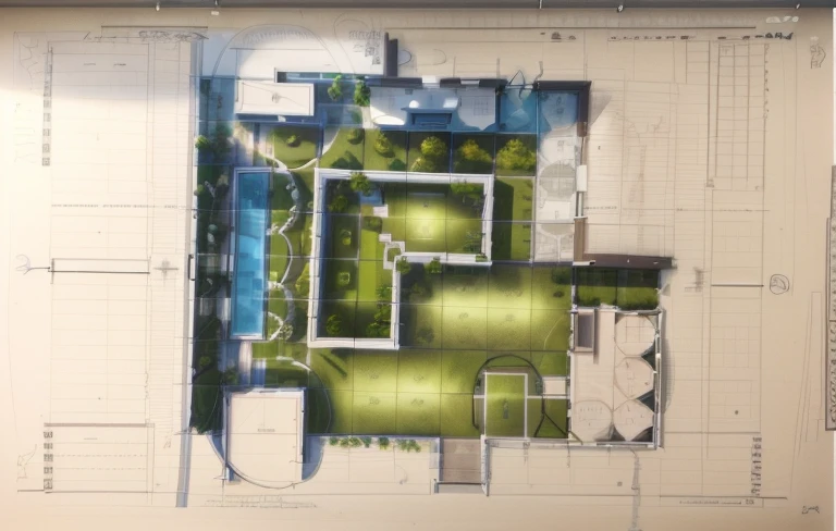 a drawing of a plan of an outdoor area, green trees, benches, dirt path with border, center display, plan drawing, concept drawing, architectural plan, conceptual, architectural drawing, isometric view, floor plan view, architectural concept, residential d...