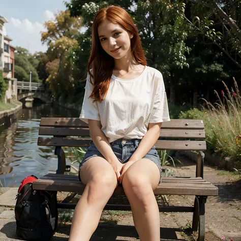 digital art, (girl, red_hair, flowers, baggy jeans, white shirt, discreet smile, cute look), (sitting on a bench, river in the b...