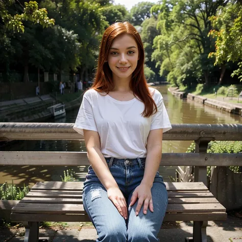 digital art, (girl, red_hair, flowers, baggy jeans, white shirt, discreet smile, cute look), (sitting on a bench, river in the background, golden hour),, by Daniil Suponitskiy jpegman