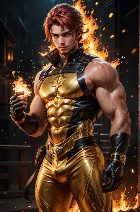 1 man, 1 male, super-hero, muscular man, 25-year old, red hair, blue eyes, gold and black costume, black fingerless gloves, flames bursting out of his hands, surrounded by flames, finely detailed eyes and detailed face, extremely detailed CG unity 8k wallp...