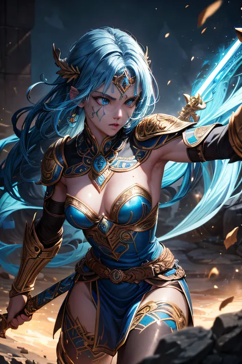 young atlantian teen girl, ancient atlantian warrior, evil look,,combat stance, wielding a short sword, blue facepaint, blue bodypaint, sexi, small breasts, ancient atlantian dress and armor, bright blue hair, dark skin, bright blue eyes, oceanic town in b...