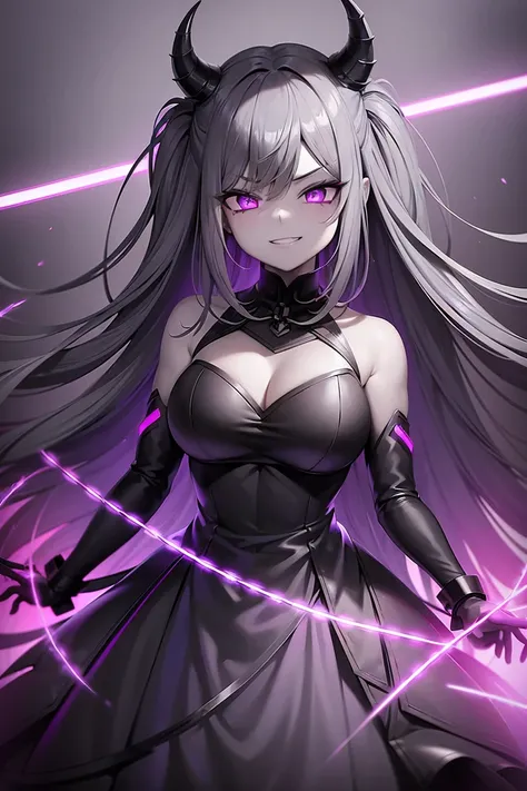 1 girl, wallpaper, whole picture, grey wall background, ruined wall background, asymmetric hair, grey hair, multicolored hair, long hair, psycho smile, evil_smile, dark purple eyes, view from the side, looking at viewer, long chain shackles, neon lights, g...