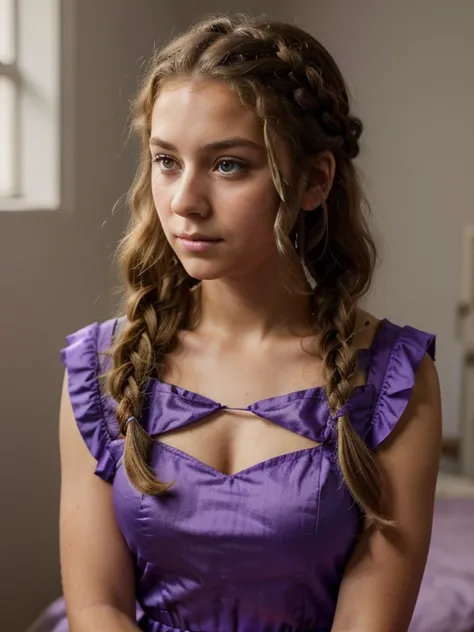 Teenage girl with dark blonde curly hair in one short braid on her shoulder wearing a lavender royal gown. She has a worried look on her face.