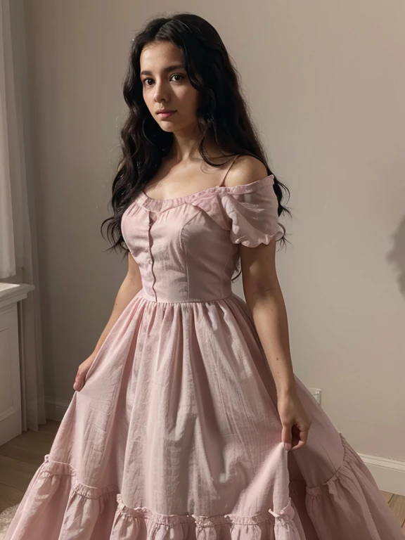 Young girl with curly-wavy black hair wearing a light pink royal gown