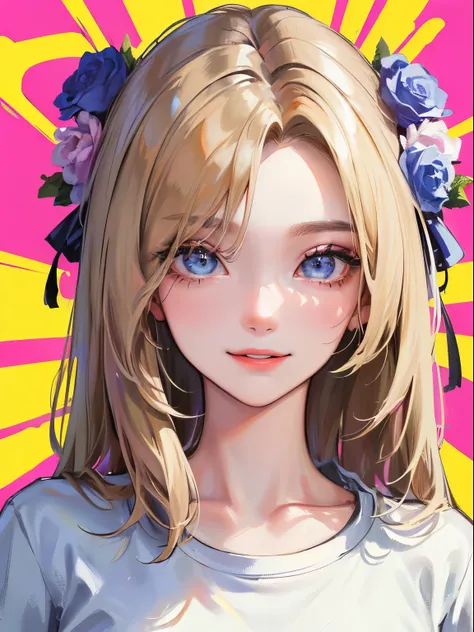 (((1人の女性)))、(Top resolution、Distinct_image) best qualtiy、(((Pop)))、1990s、((colorful backdrop))、((illuminating))、ighly detailed、Semi-realistic、Blonde hair、((hairstyle I made、A smile、bangss、20yr old、年轻、((tshirts))、delicate facial features facial features、Vie...