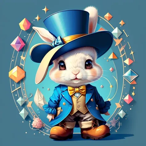 (cute baby rabbit smiling with a jacket, blue top hat and boots), Munchkin ,Geometric multidimensional wall portrait, livro de arte, Tchibi,
Yang08k, Beautiful, Colouring,
Obras, of the highest quality, best quality, Arte Oficial, Beautiful and Aesthetic,