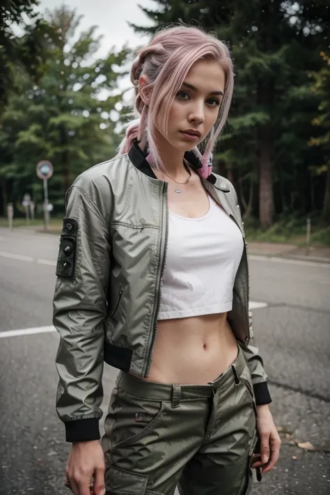 White european woman, dreads sidecut hairstyle, gradient pink hair. Cammo jacket, gray cargo pants, motorcycle Perfect hands, perfect body, blurry foreground, accurate, textured skin, super detail, high detail, high quality, 8k