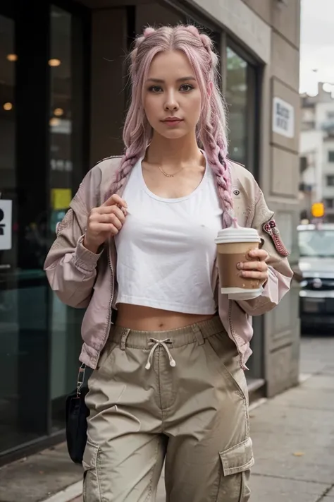 White european woman, dreads sidecut hairstyle, gradient pink hair. Cammo jacket, gray cargo pants, drinking coffe, Perfect hands, perfect body, blurry foreground, accurate, textured skin, super detail, high detail, high quality, 8k