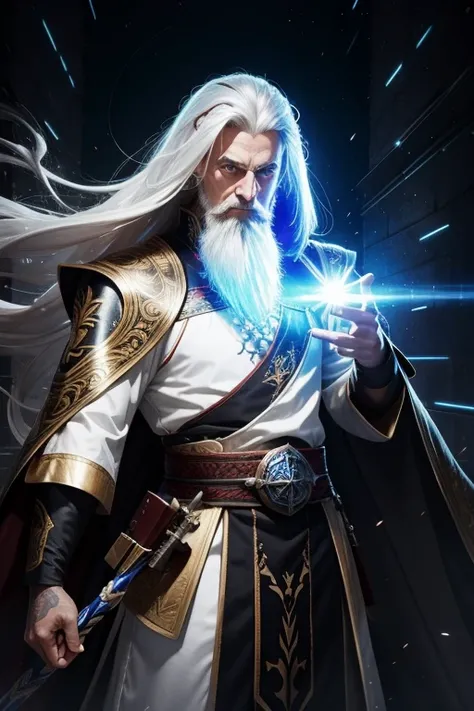 Templar, Long beard, White hair,Hanfu， ((Glow light effect))), Dynamic panning photography movement::1, midnight illuminator, (tmasterpiece), Best quality at best, Perfect beautiful face, 8K