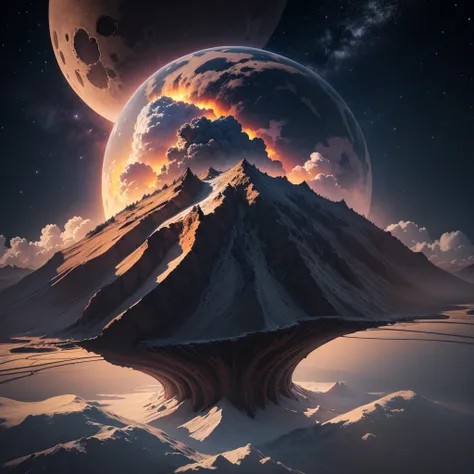 planete volcanique, volcan , ocean deau , espace , voie lacté , bien détailler , nuit , planète terre , décor terrestre , soleil , étoiles , sunset , 4K , moon , ultra réaliste , couleur vive , beaucoup de detail , nuages , 16K , haute résolution , (mise a...