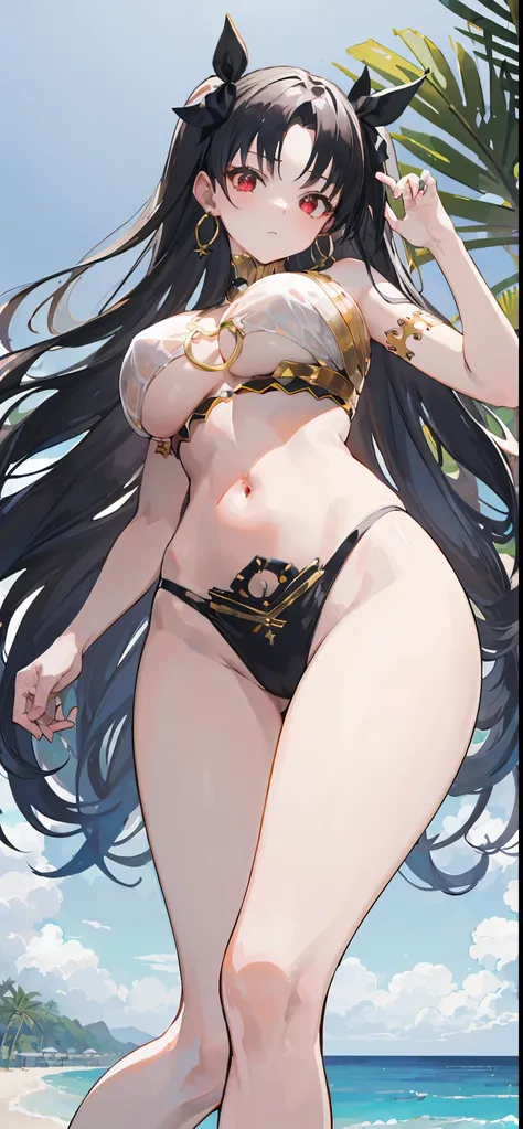 (masterpiece), (best quality), ultra high res, highly detailed, ishtar (fate), see-through, from below, lifted by self, looking at viewer, looking down, big breast, adult girl, underboobs , beach , sand , sea , palm, shiny red eyes,