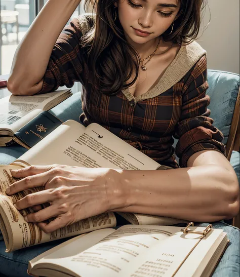 there is a woman sitting at a table reading a book, Lendo novo livro, tentando ler, tentando estudar, sitting at a café, diary on her hand, segurando um livro, Ler um livro, Estudar, bem editado, with a happy expression, sitting in a cafe alone, em uma bib...