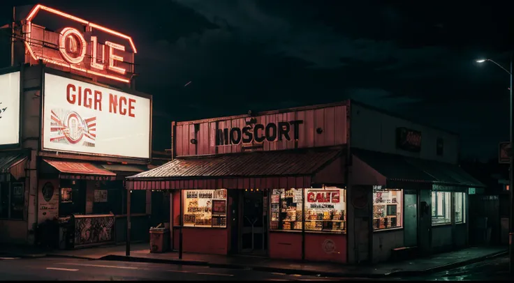 SCARY LIQUOR STORE WITH A CYBER PUNK GLOW BOARD,MOONLIGHT,LIGHT RED CLOUDY SKY,REALISTIC,NIGHT TIME