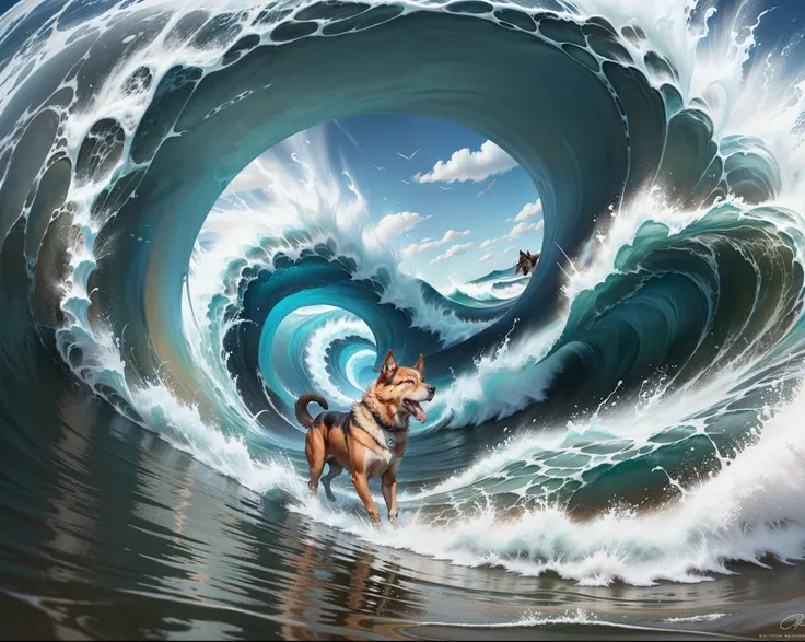 Create a surreal multicoloured double exposure photo of a dog and a giant ocean wave.  The background should be minimalistic and white --auto --s2