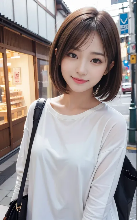 Cute 21 years old Japan、Shops、shopping、Super Detail Face、Eye of Detail、二重まぶた、beautiful thin nose、foco nítido:1.2、prety woman:1.4、(light brown hair,short-haired、),fair white skin、top-quality、​masterpiece、超A high resolution、(Photorealsitic:1.4)、Highly detail...