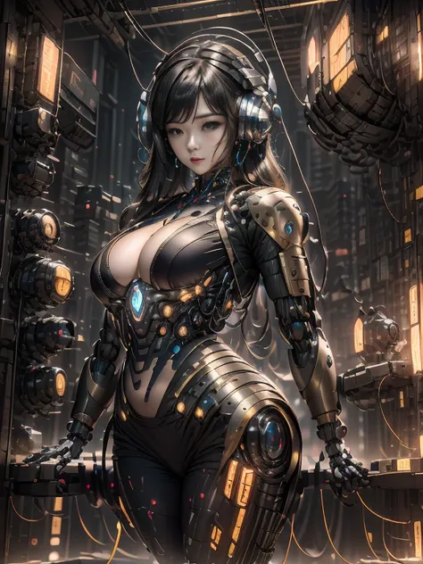 A sexy Korean cyborg girl posing infront of a heavy advance robotic suit intricate with wires hanged in a glass safe, girl is half human and half Robot, big boobs cleavage cam be seen, high-quality realistic