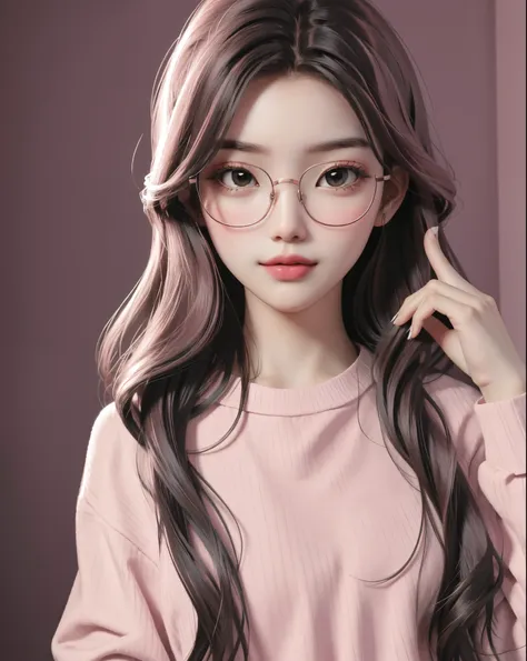 best quality at best, 1girll, alone, sportrait , background with, medium to long hair, redish pink lips,wear glasses