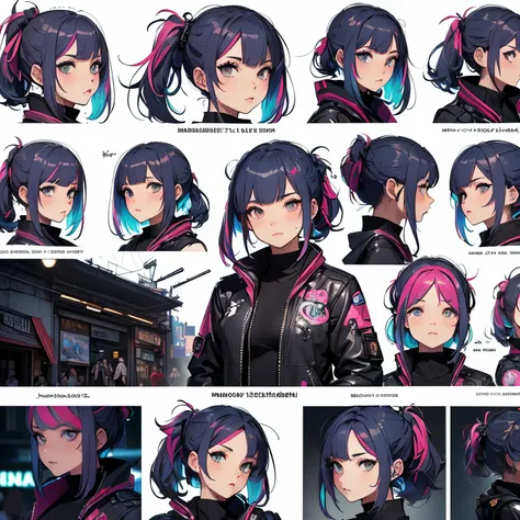 ((Masterpiece, Highest quality)), Detailed face, ((CharacterDesignSheet))， full bodyesbian, Full of details, Multiple poses and expressions, Highly detailed, Depth, ((beautiful Cyberpunk girl))，dressed in ((Harajuku street clothes, tech jacket)) double-pon...