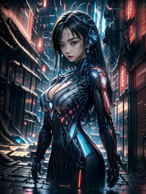 A sexy Korean  girl  half human and half Robot, working in her big hightech lab, big holographic monitors intricate with wires, unfinished models hanged by wall, big boobs cleavage can be seen, high-quality realistic