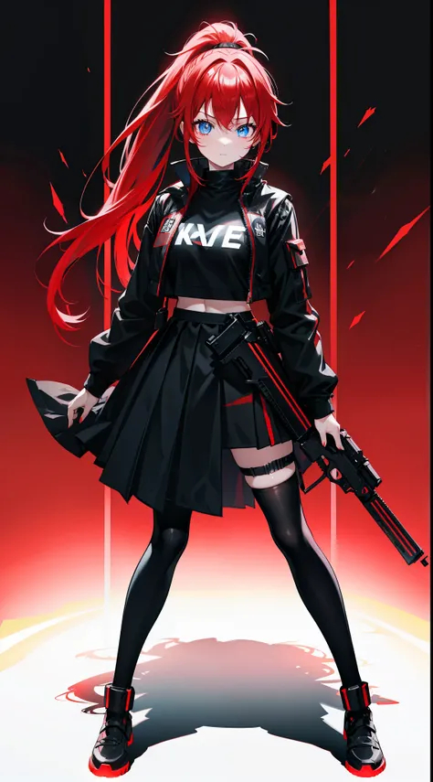 Full body internet girl with ponytail. Bright red indicates that she  an online girl. Anime characters with red hair and black costumes holding guns, But there are skirts. She also has blue eyes. The environment  similar to a terminator. Hair  black. Her f...