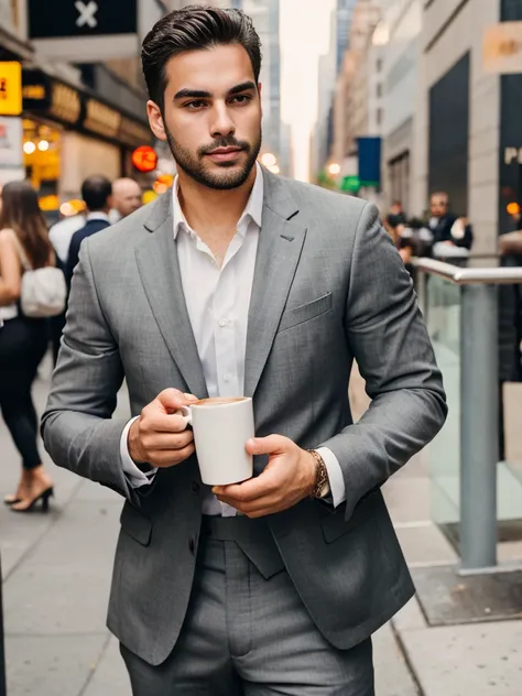 Handsome sexy man, 24 year old, Spanish, in grey businesses suit, drinking coffee in the middle of New York