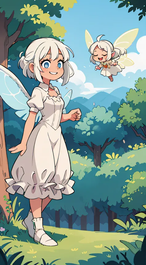 ((best quality, masterpiece)), 1girl, fairy and angel wings, white hair and dress, outdoor, clouds on background, fantasy, medieval, forest on background, smiling