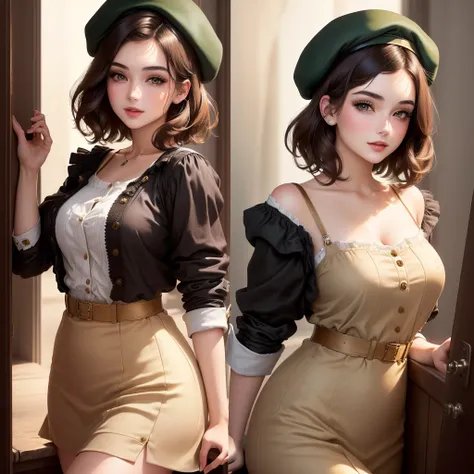 (Masterpiece - Ultra-detailed, High Resolution) girl about 25 years old, short hair with beret, hair from the year 1920, brunette with brown eyes