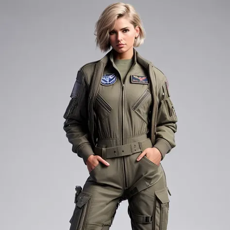 Mujer arafed con una chaqueta de cuero verde y pantalones posando para una foto., en traje de vuelo, Traje de vuelo, Llevar traje de vuelo, Enfoque en el traje de vuelo anti-G, wearing human air force jumpsuit, Advanced Technology Flight Suit, Chica piloto...